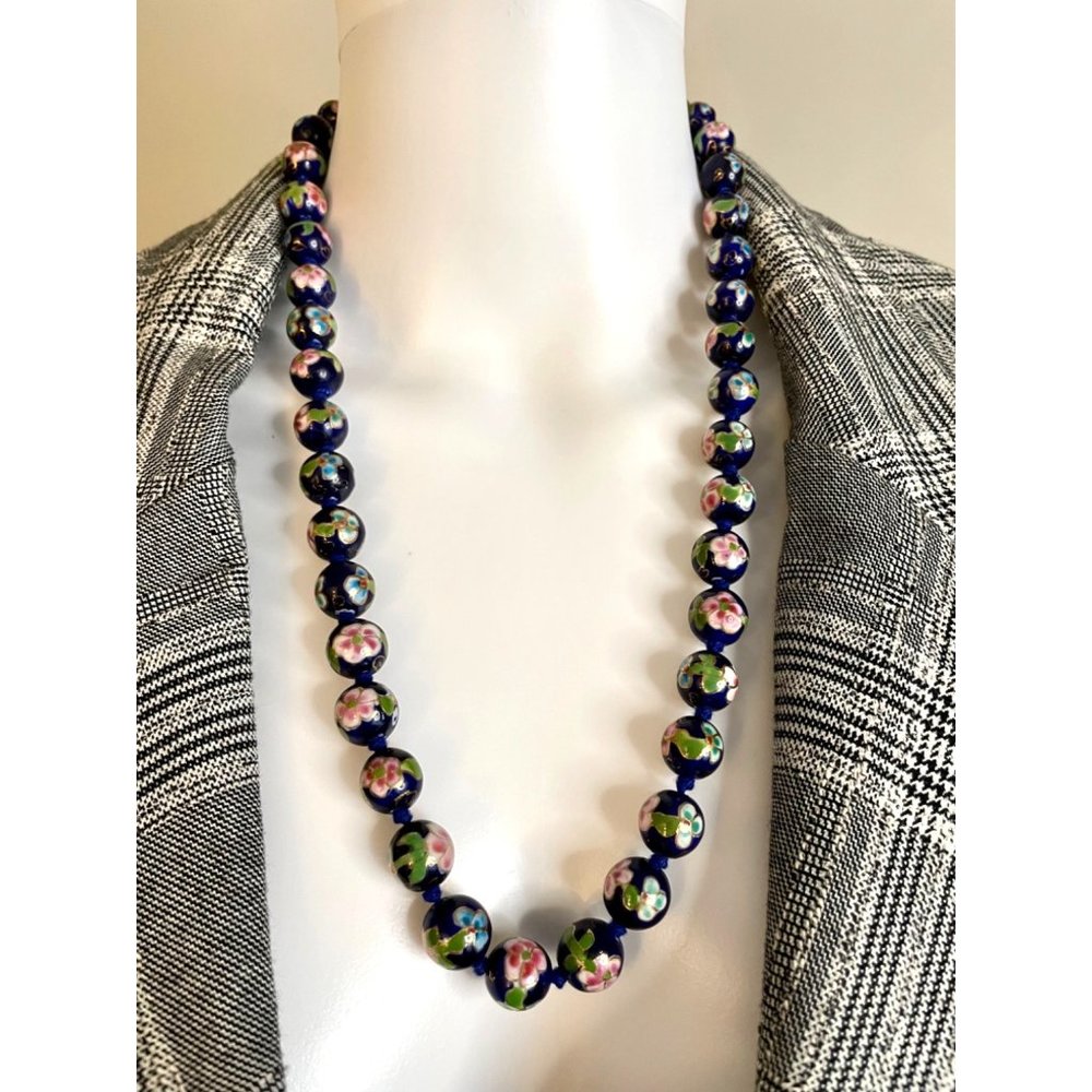 Vintage Chinese Cloisonné Navy Blue Necklace and Earring Set